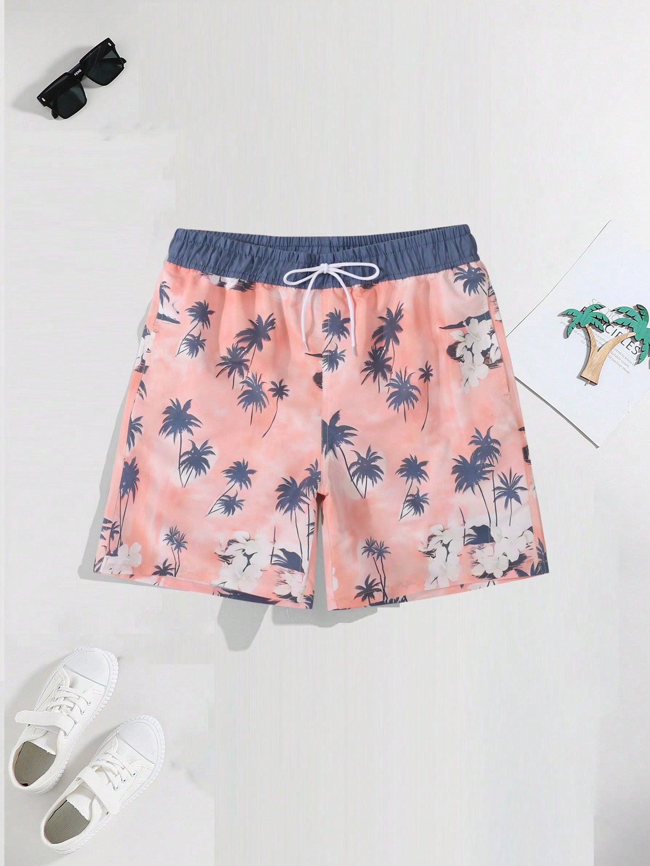 Men's Tropical Print Elastic Waist Beach Shorts