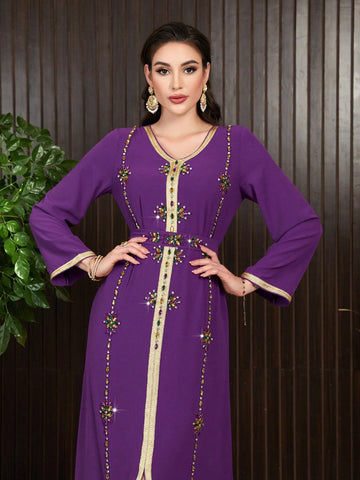 Women's Sparkle V-Neck Evening Kaftan Dress With Rhinestone Embellishment,