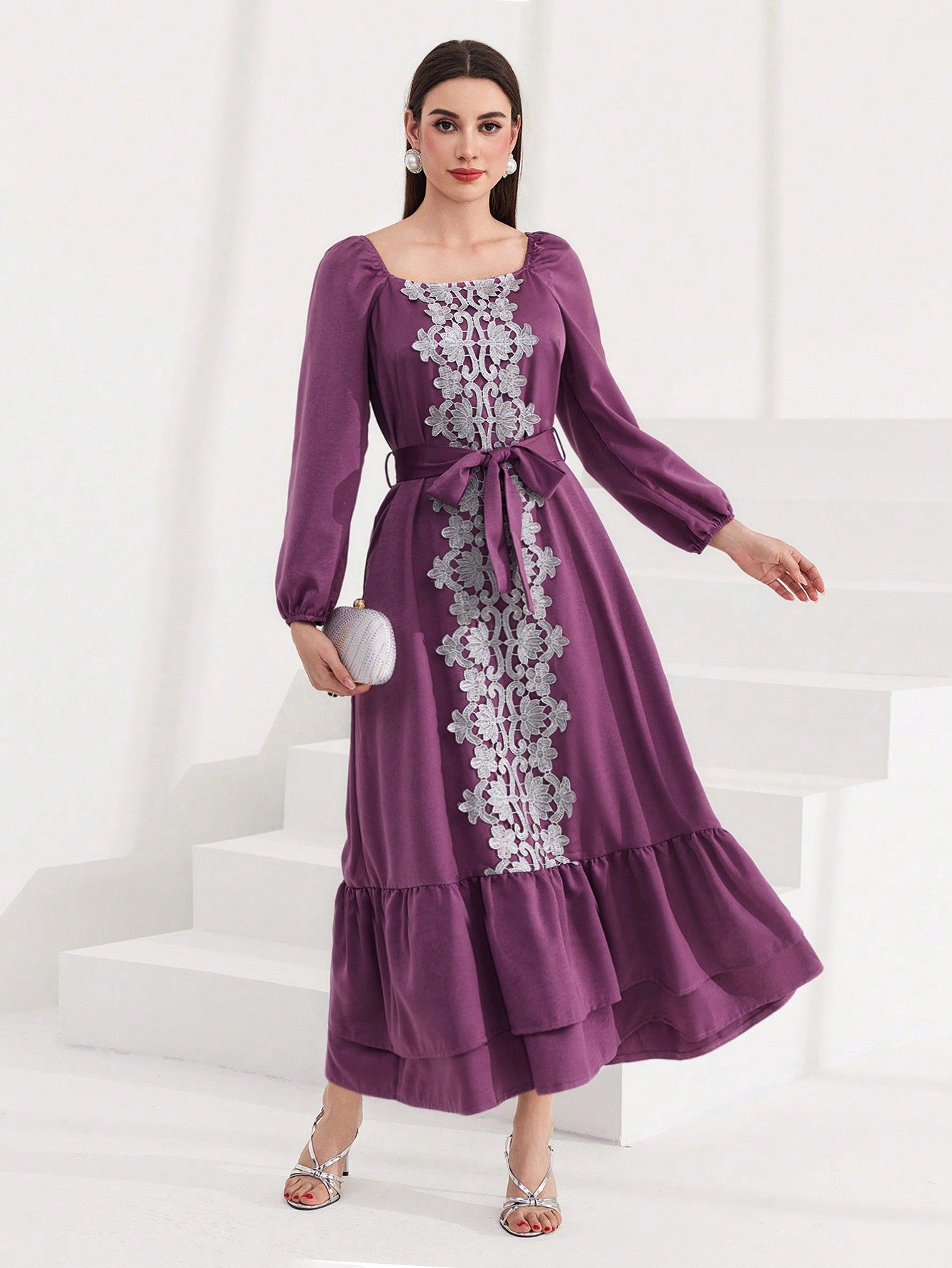 Women's Square Neck Embroidery & Patchwork Design Lantern Sleeve Dress With Belt