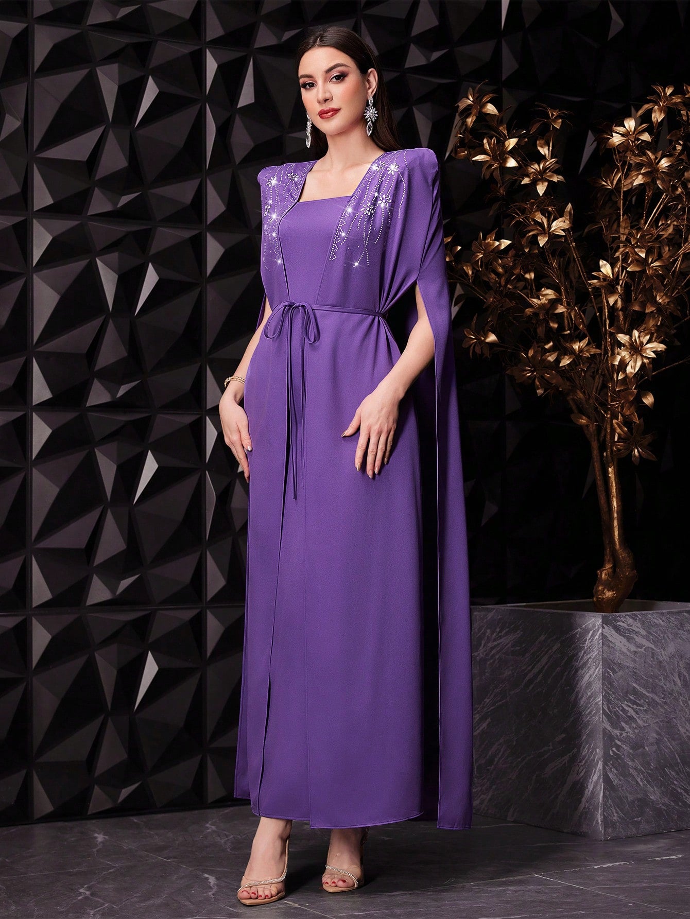 Women's Cape Sleeve Dress With Rhinestone Decorations