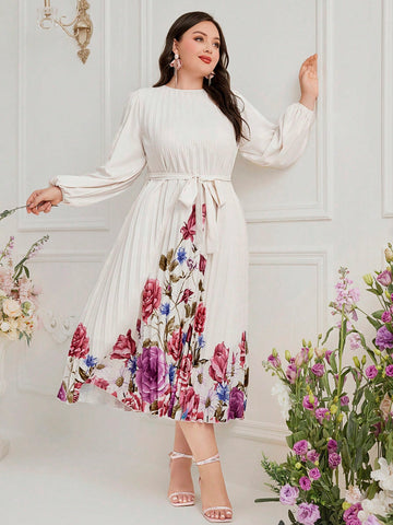 Plus Size Women's Lantern Sleeve Dress With Floral Print And Pleated Hem