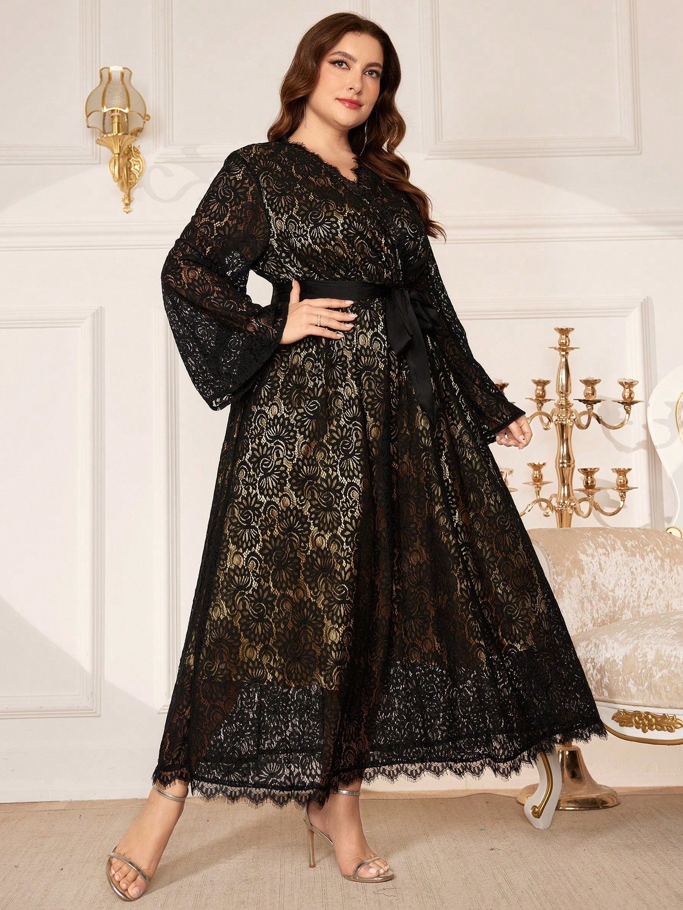 Plus Size Women's Lace Long Sleeve Dress