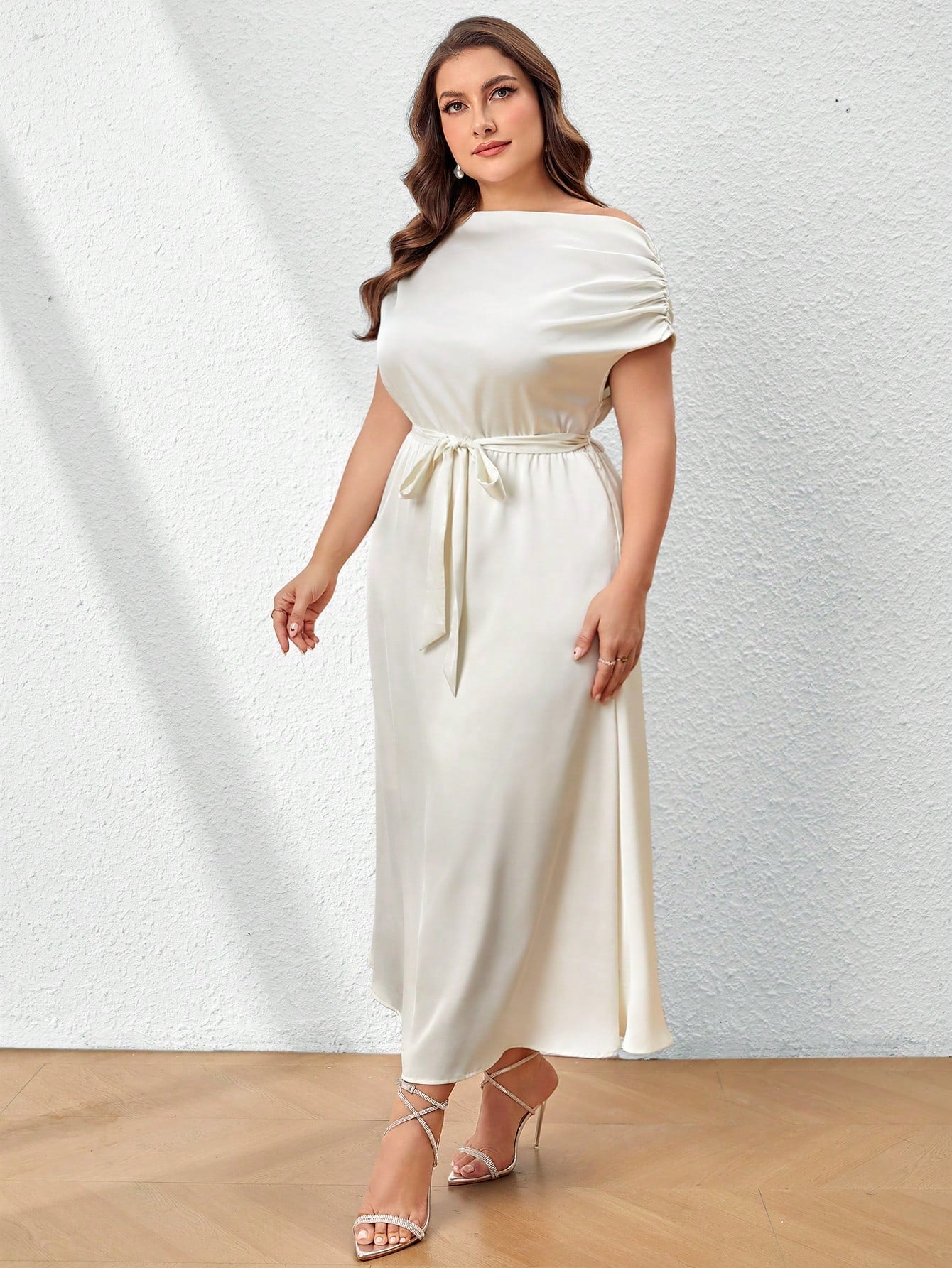 Plus Size Elegant Satin Irregular Shoulder Dress, Perfect For Wedding Season, Romantic Getaways And Parties