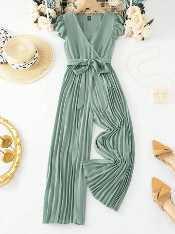 Women'S Solid Color Short Flutter Sleeve Jumpsuit With Pleated Hem