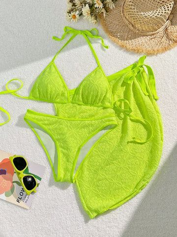 Women's Tie Back Embossed Triangle Cup Bikini Set + Tie Side Swimsuit Skirt, Neon Green Swimwear Bathing Suit Beach Outfit Music Festival Summer Vacation