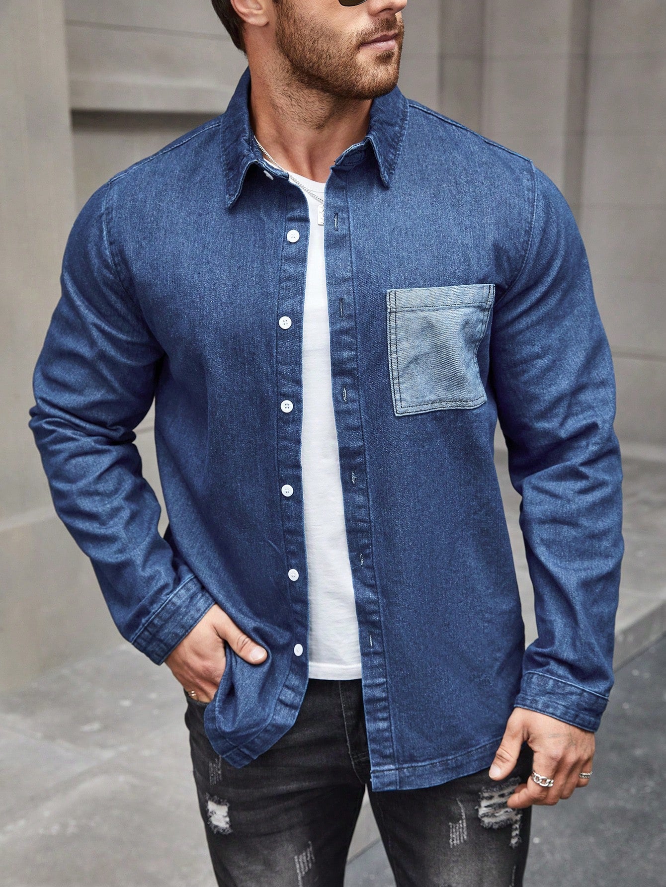 Men's Long Sleeve Denim Shirt With Pocket