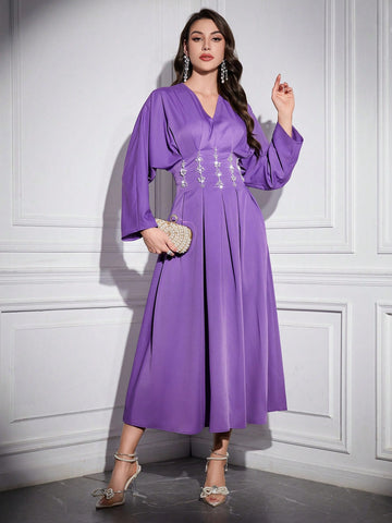 Women's Arabian Style Batwing Sleeve Dress With Rhinestone Decoration