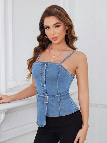 Denim Cami Top With Irregular Hem