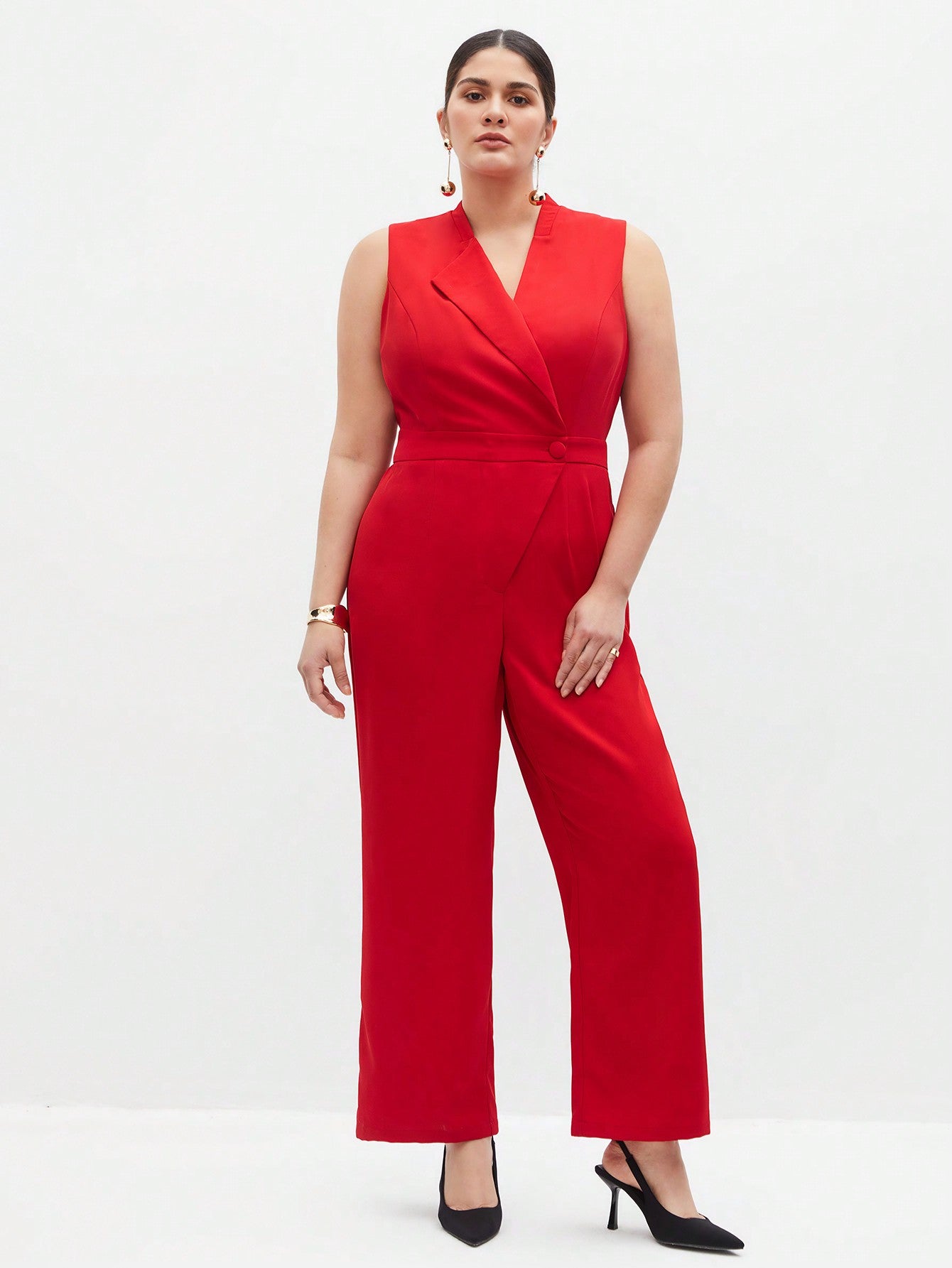 Plus Size Wrap V-Neck Sleeveless Jumpsuit Without Belt