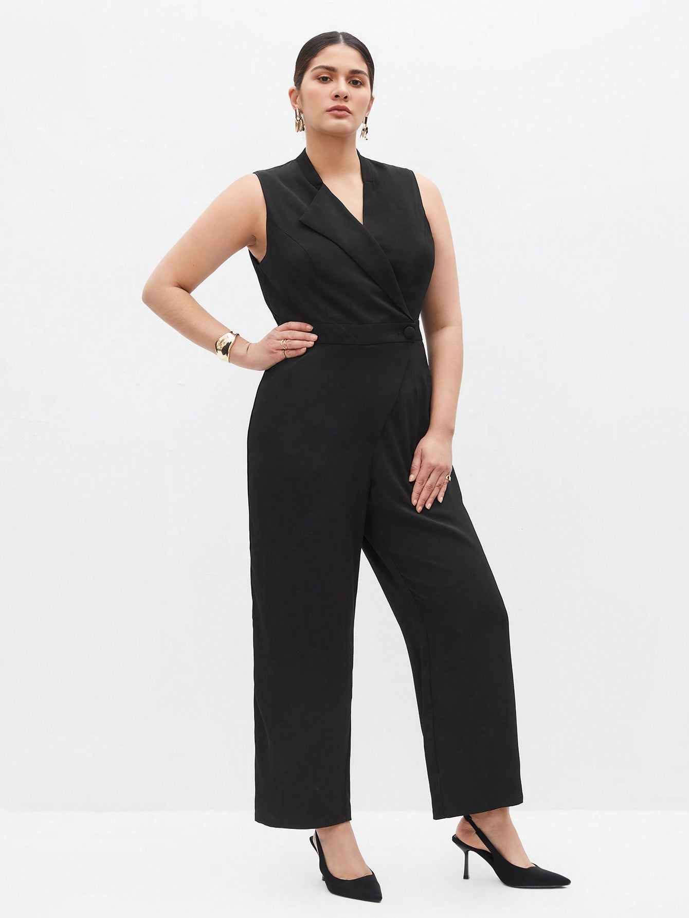 Plus Size Turn-Down Collar Casual Sleeveless Jumpsuit With Straight-Leg Pants