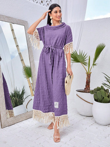 Women's Color Block Fringe Decorated Button Detail Dress