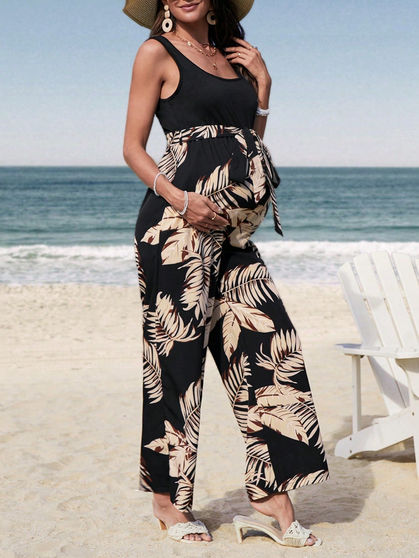 Pregnant Women's Tropical Printed Belted Jumpsuit