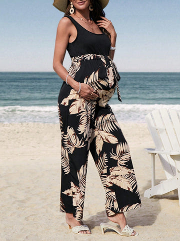 Pregnant Women's Tropical Printed Belted Jumpsuit