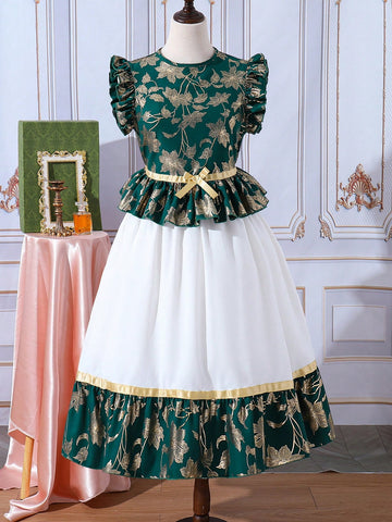 Teenage Girls' Gorgeous Golden Floral & Bowknot Design Top And Skirt Set With Woven Belt, Perfect For Summer Vacation