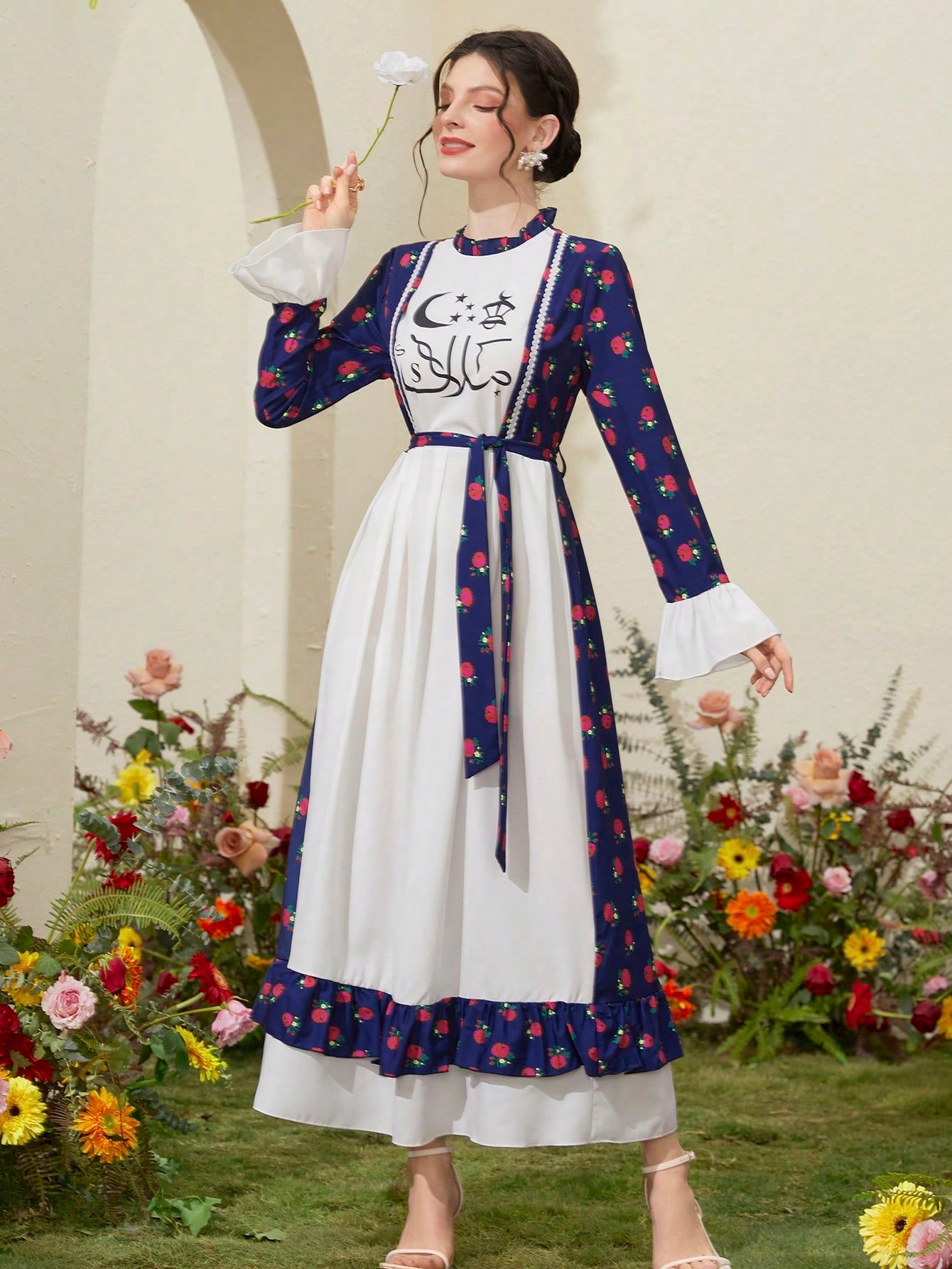 Moon Star And Floral Print Long Sleeve Belted Dress