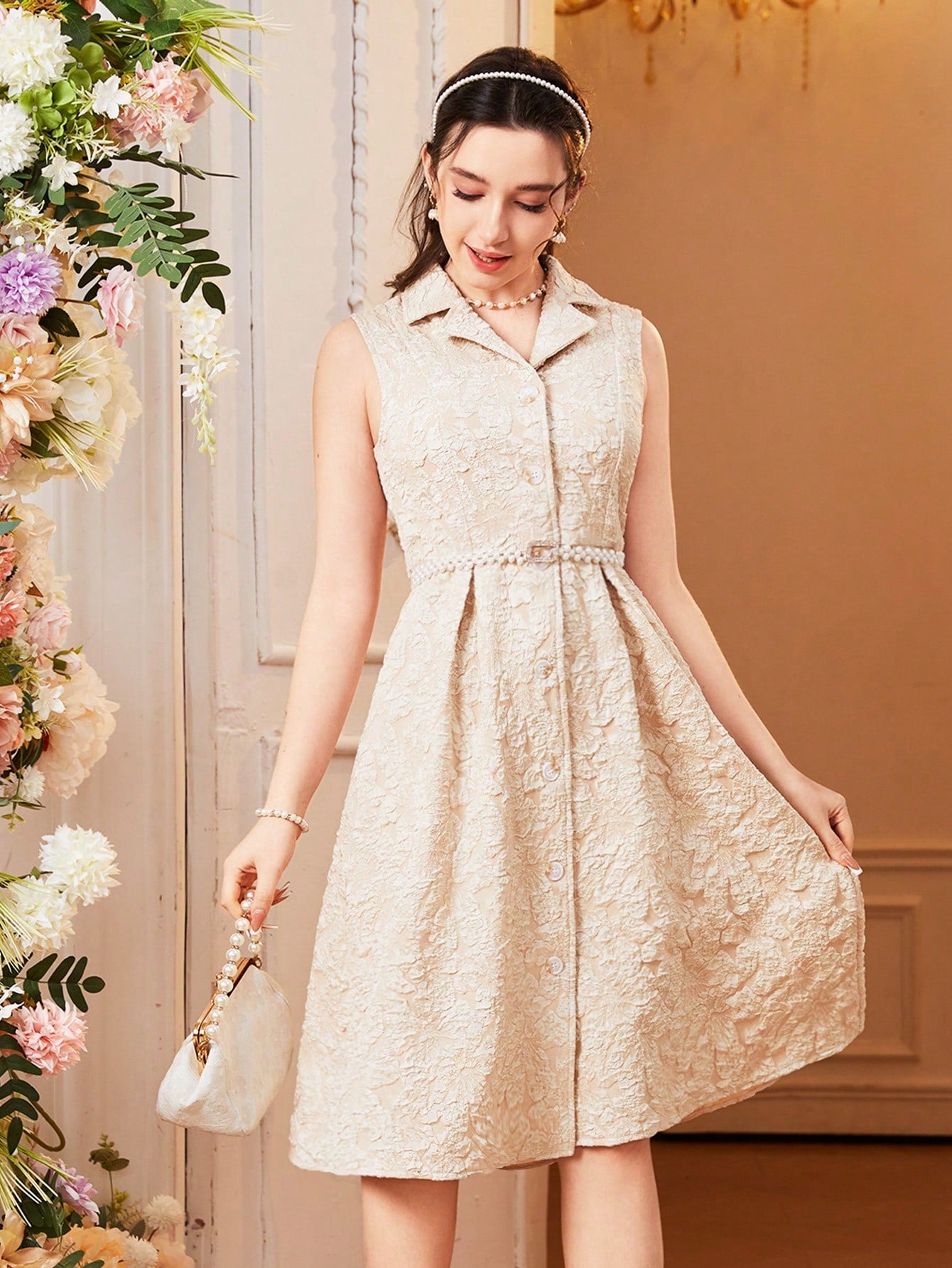 Teen Girl Jacquard Sleeveless Dress With Mandarin Collar And Front Button Closure