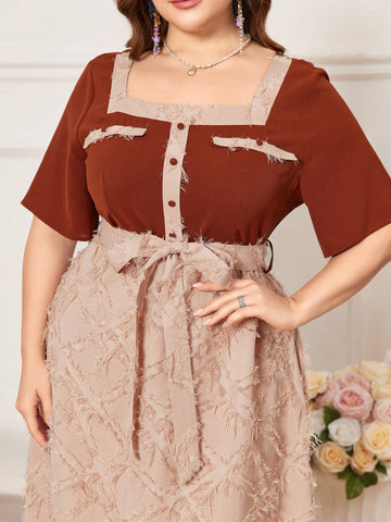 Plus Size Women's Applique & Colorblock Dress