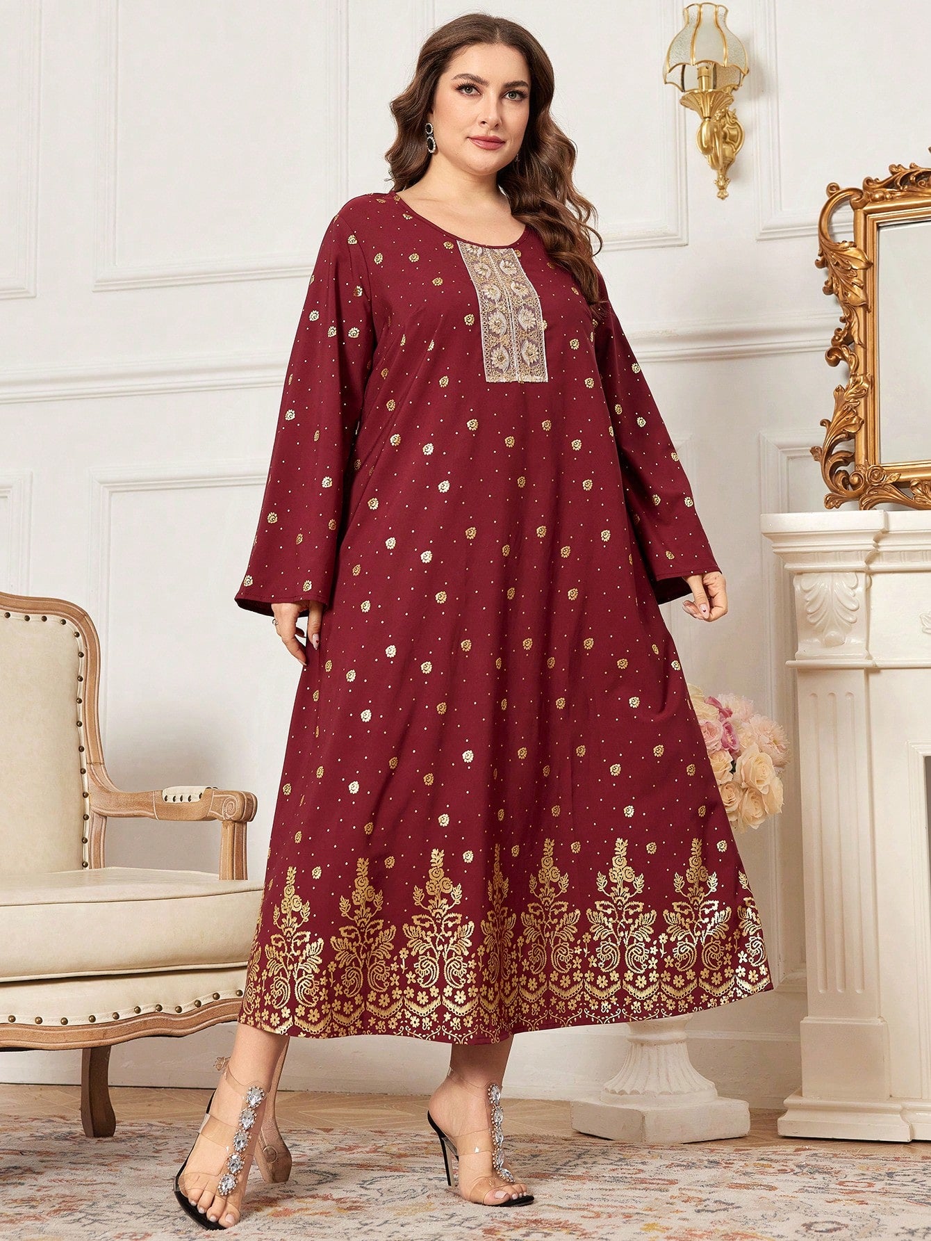 Plus Size Women's Arabic Style A-Line Dress With Gold Foil Print