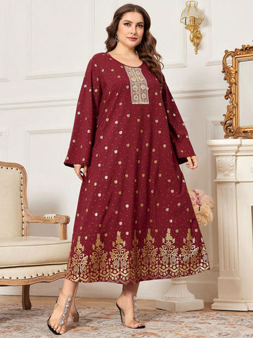 Plus Size Women's Arabic Style A-Line Dress With Gold Foil Print