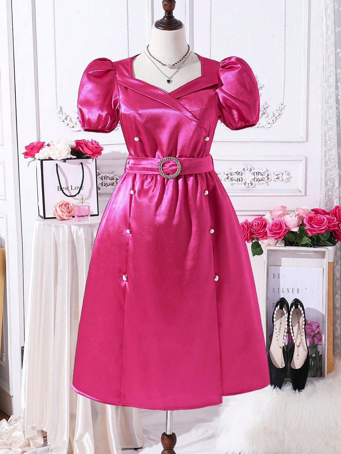 Teen Girls' Elegant Pearl Decor Puff Sleeve Sweetheart Neckline Bodycon Dress With Belt, Suitable For Parties In Summer