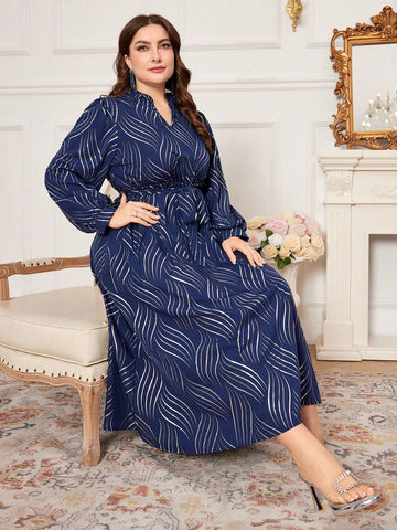 Plus Size Women's Notched Neck Lantern Sleeve Dress