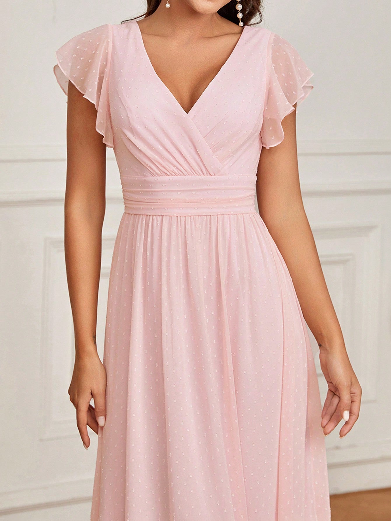 Women's Elegant Backless Flutter Sleeve Dress With Ruffle Hem For Bridesmaid (Adult)