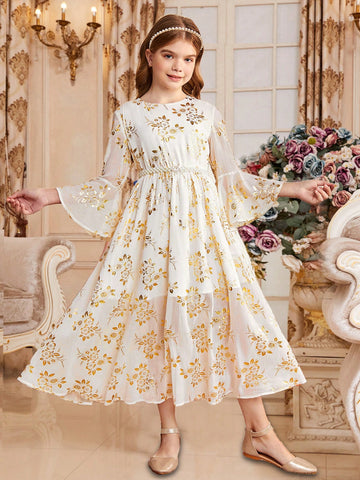 Tween Girls' Cute Vacation Style Round Neck Mid-Length Dress With Flared Sleeves