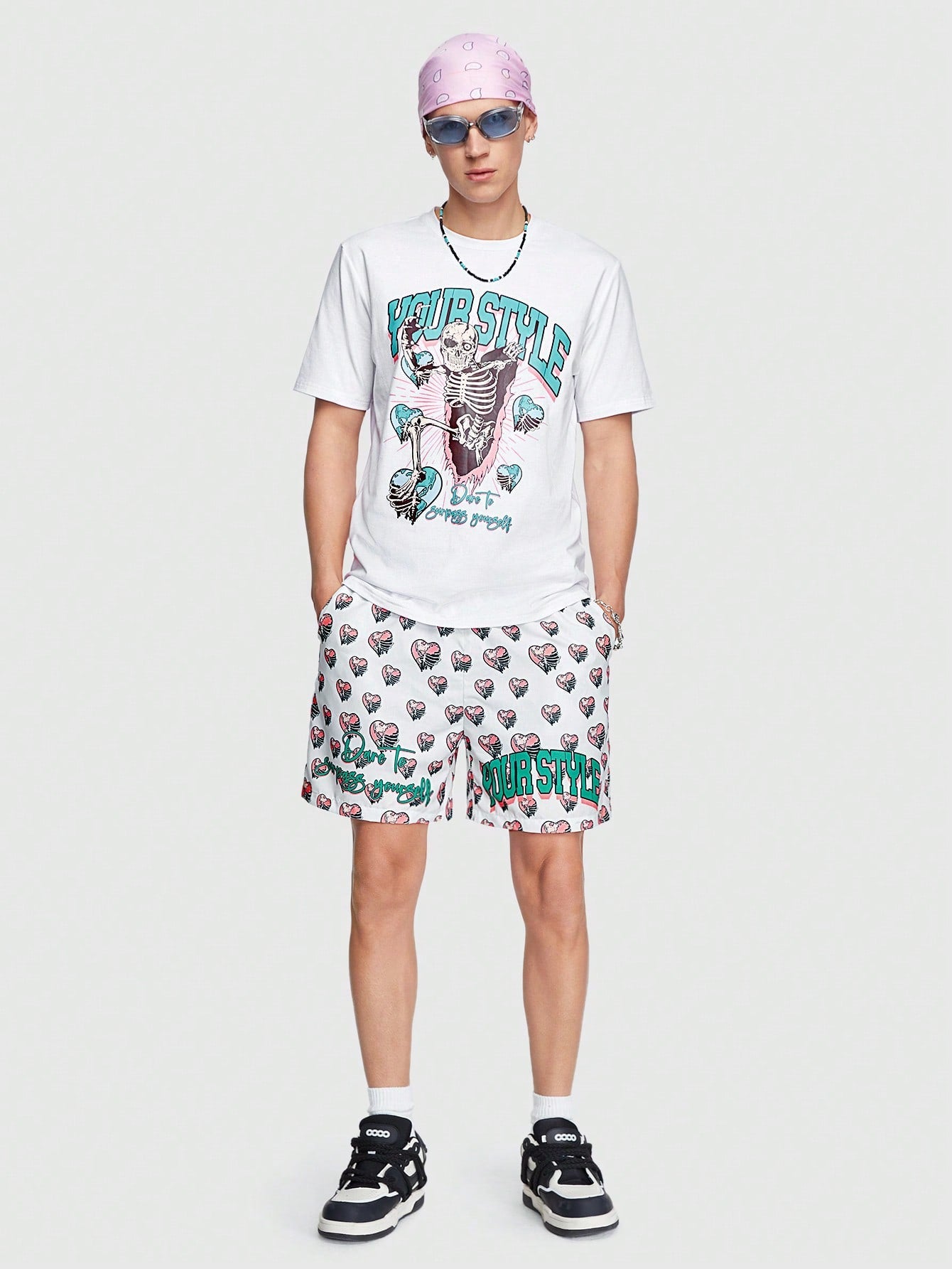 Men's Heart & Skull Printed Logo Slogan Casual Shorts, Suitable For Spring And Summer