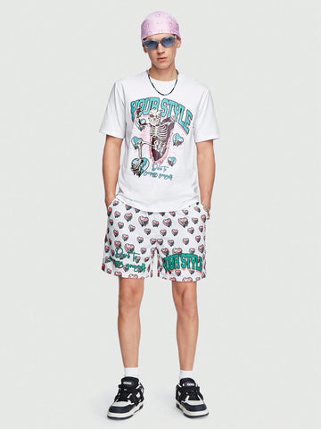 Men's Heart & Skull Printed Logo Slogan Casual Shorts, Suitable For Spring And Summer