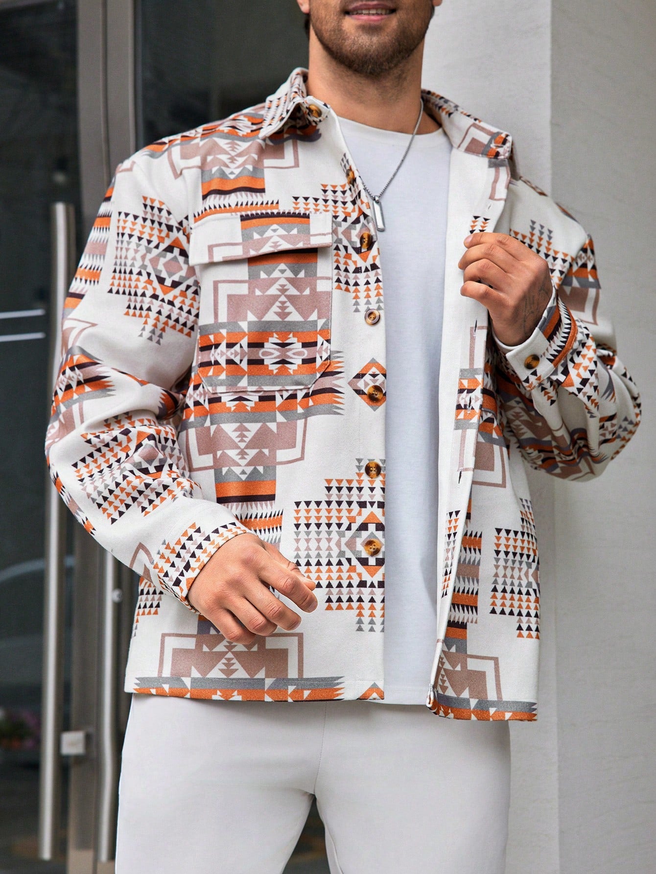 Men's Plus Size Geometric Printed Long Sleeve Shirt Jacket