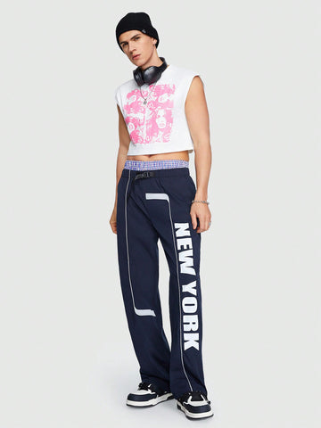 Men's Sleeveless Vest With Slogan Print, Woven Pants, Suitable For Spring And Summer Wear