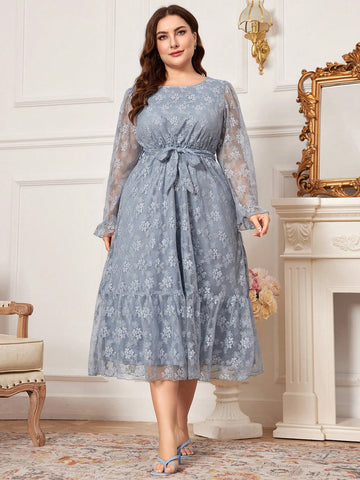 Plus Size Women's Floral Embroidered Mesh Long Sleeve Dress