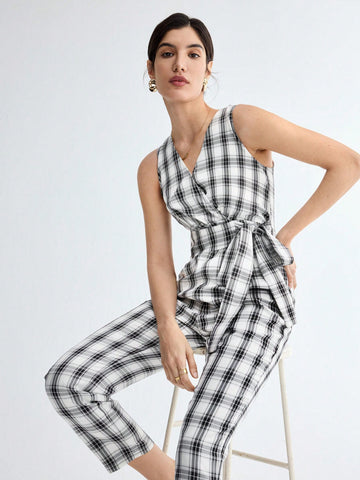 Women's Plaid Crisscross Surplice Sleeveless Jumpsuit