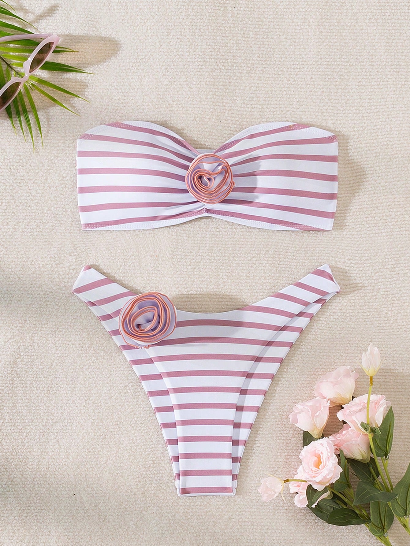 Women's Strapless Striped Swimsuit With 3d Flower Decoration