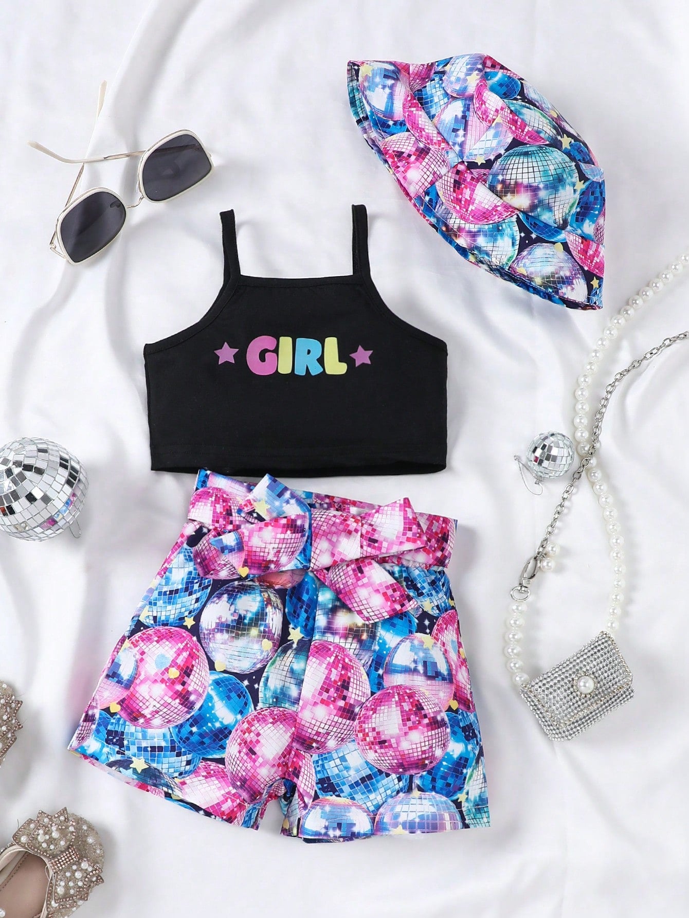 Music Festival Cool Print Summer Baby Girl 3pc Set With Tank Top, Shorts And Hat