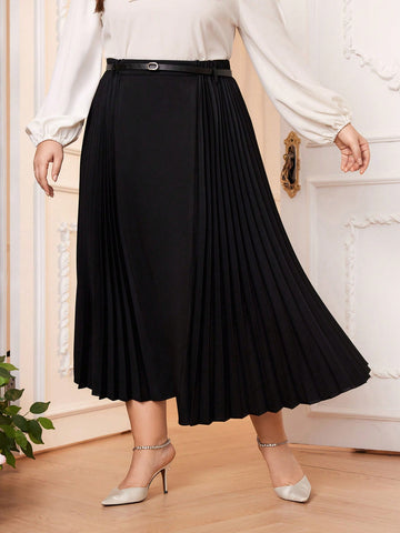 Plus Size Solid Color Pleated Skirt