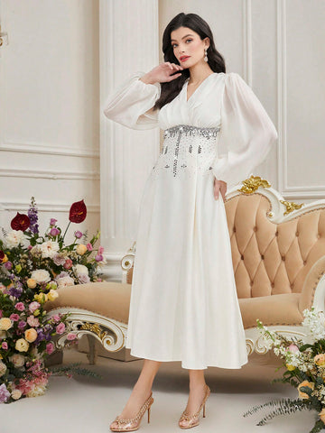 Women's Lantern Sleeve Dress With Rhinestone Decoration