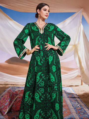 Women's Paisley Print & Woven Trim Arab Jalabiya Dress