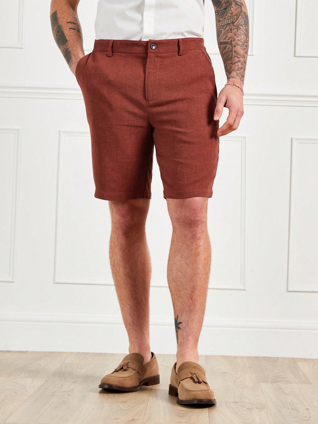 Men's Casual Holiday Brown Red Linen Slim Shorts