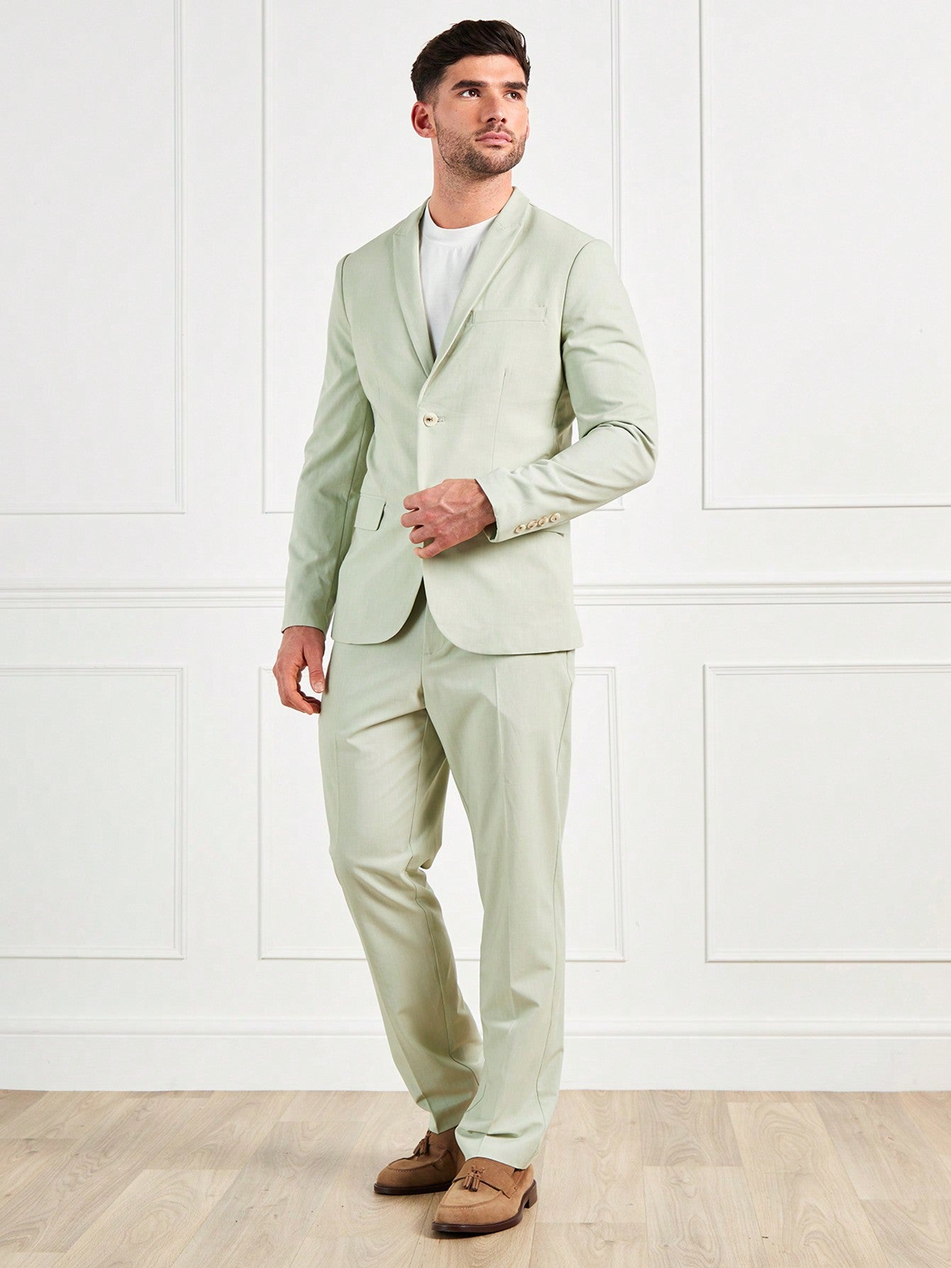 Men's Solid Color Shawl Collar Long Sleeve Suit Jacket And Pants Set