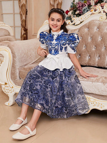 2pcs/Set Tween Girls' Loose Cute Peplum Printed Shirt With Leg-Of-Mutton Sleeve Stand Collar And A-Line Skirt