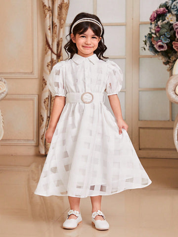 Young Girl Fancy Plaid Short Sleeve Dress With Puff Sleeves And Turn-Down Collar For Holiday