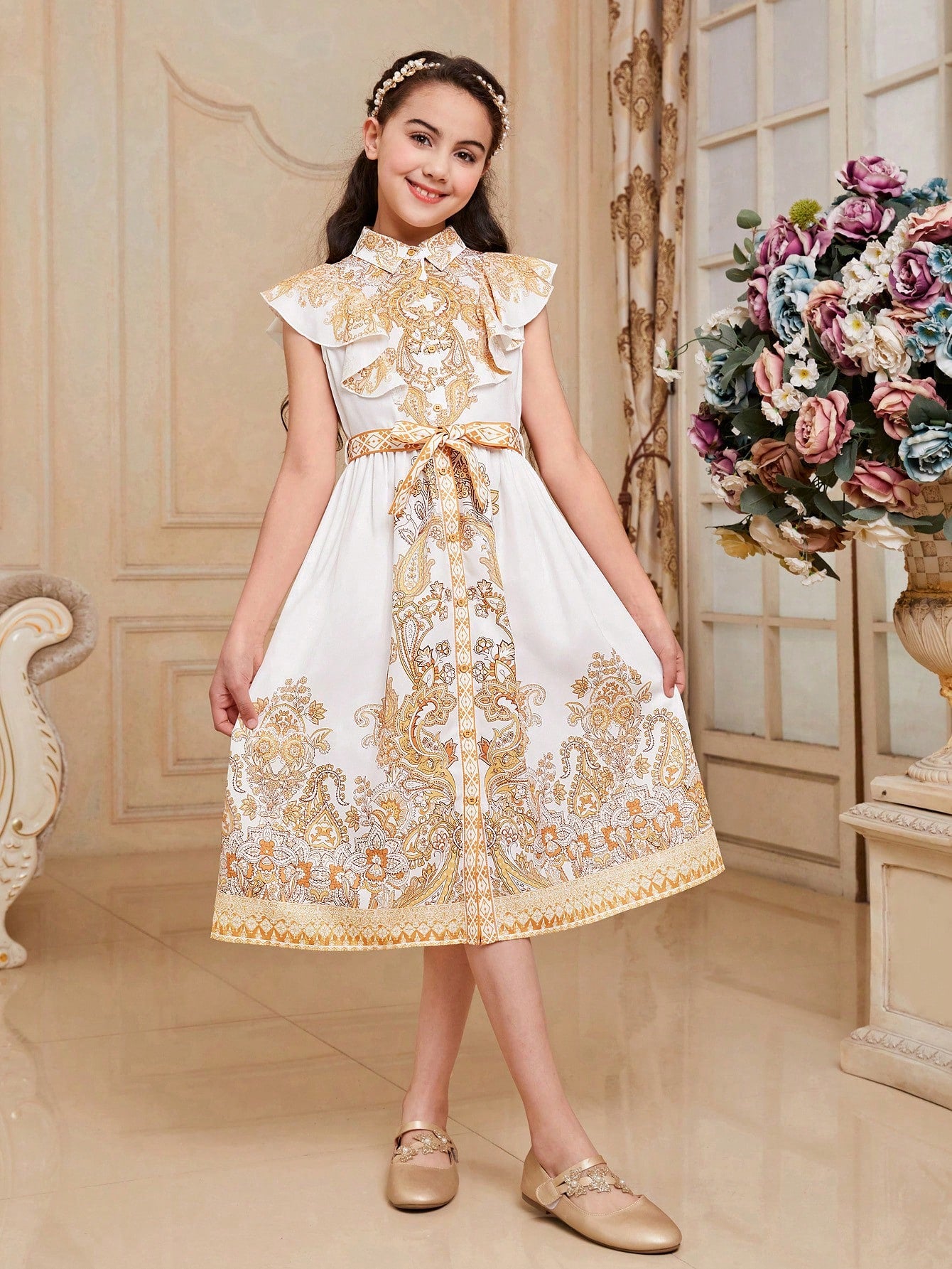 Tween Girls' Fitted Long Dress With Gorgeous Paisley Pattern, Ruffled Collar And Hem