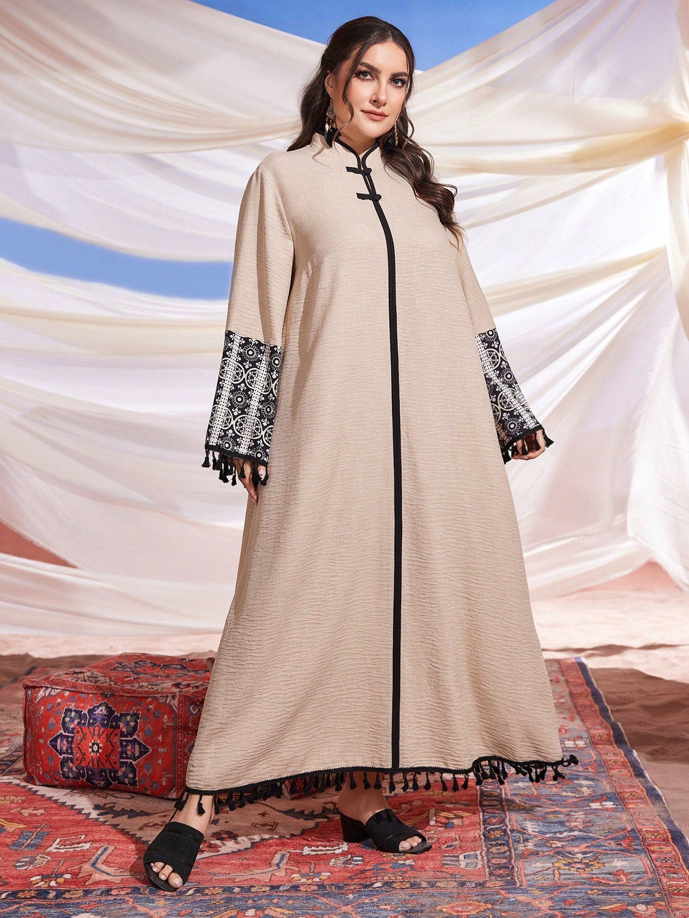 Plus Size Women's Stand Collar Geometric Print Button Front Fringe Sleeve Cuff Arabian Dress