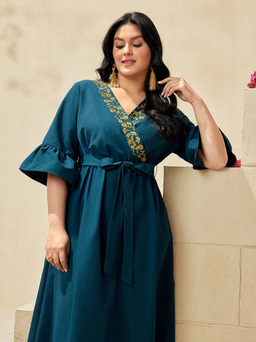 Plus Size Women's Embroidered Wrap Style Dress With Ruffle Sleeves