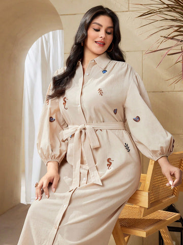 Plus Size Embroidered Lantern Sleeve Button Front Dress