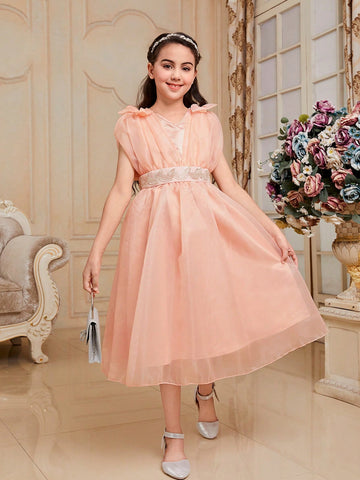 Tween Girl's Bodycon Sleeveless Organza Dress With Bow Knot, V-Neckline And Tape Decoration