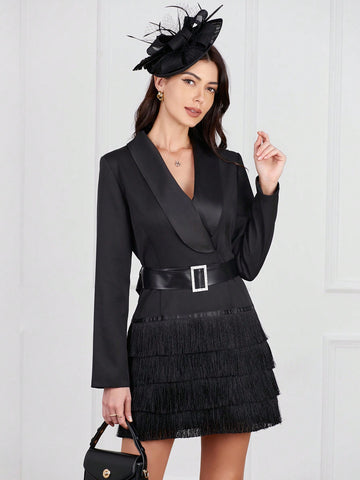 Ladies' Fringed Hem Suit Dress With Shawl Collar