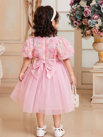 Young Girl Round Neck Bubble Sleeve Dress With 3d Flower Netting