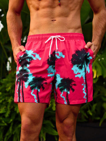 Men's Elastic Waist Drawstring Palm Tree Print Beach Shorts Summer Swimming,Surfing,Beach